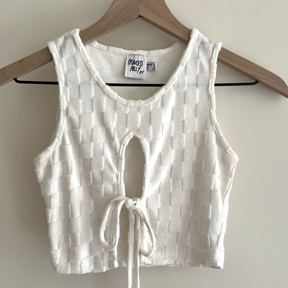 Princess Polly Cream Checkered Tie-Front Crop Top